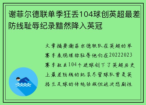 谢菲尔德联单季狂丢104球创英超最差防线耻辱纪录黯然降入英冠 谢菲尔德联单季狂丢104球创英超最差防线耻辱纪录黯然降入英冠